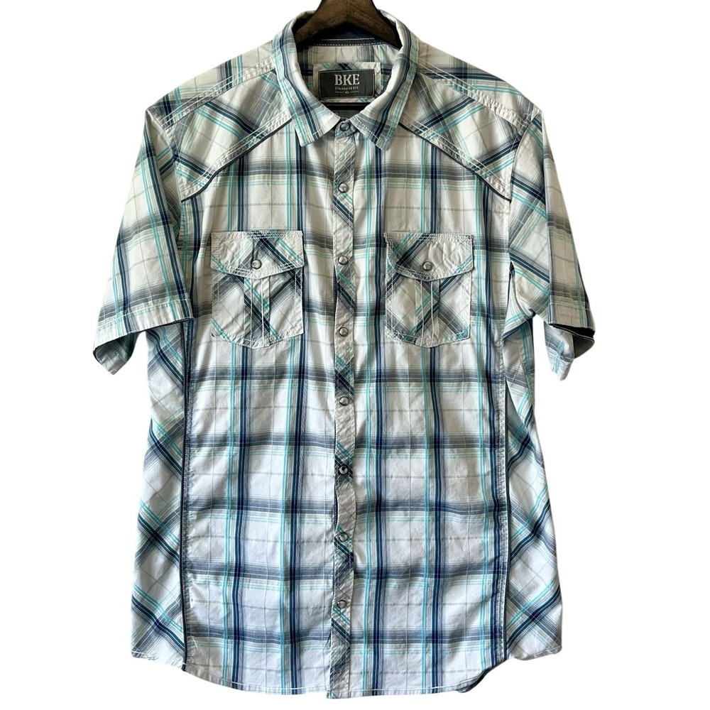 BKE Mens XL Standard Fit Plaid Short Sleeve Western Pearl Snap Shirt B2548 Blue